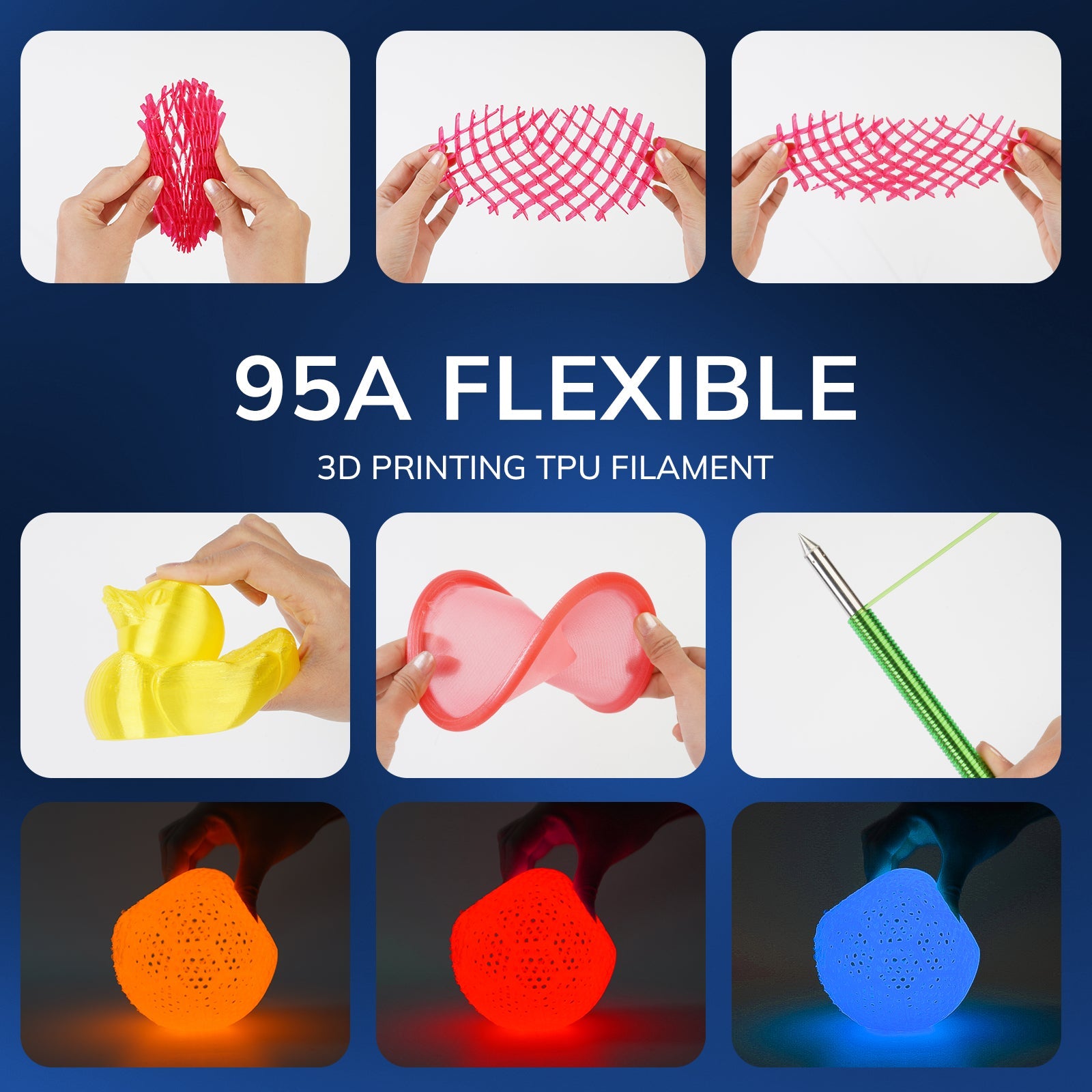 AMOLEN Glow TPU flexible filament 1.75mm printed sample showing surface detail and glow texture