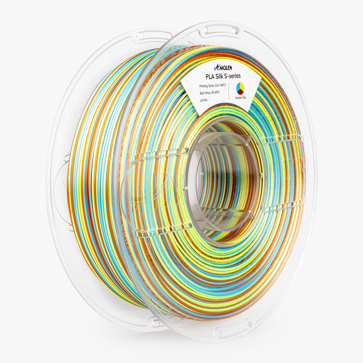 AMOLEN S-Series Silk PLA detail view showing spiral multicolor transition bands and metallic surface quality