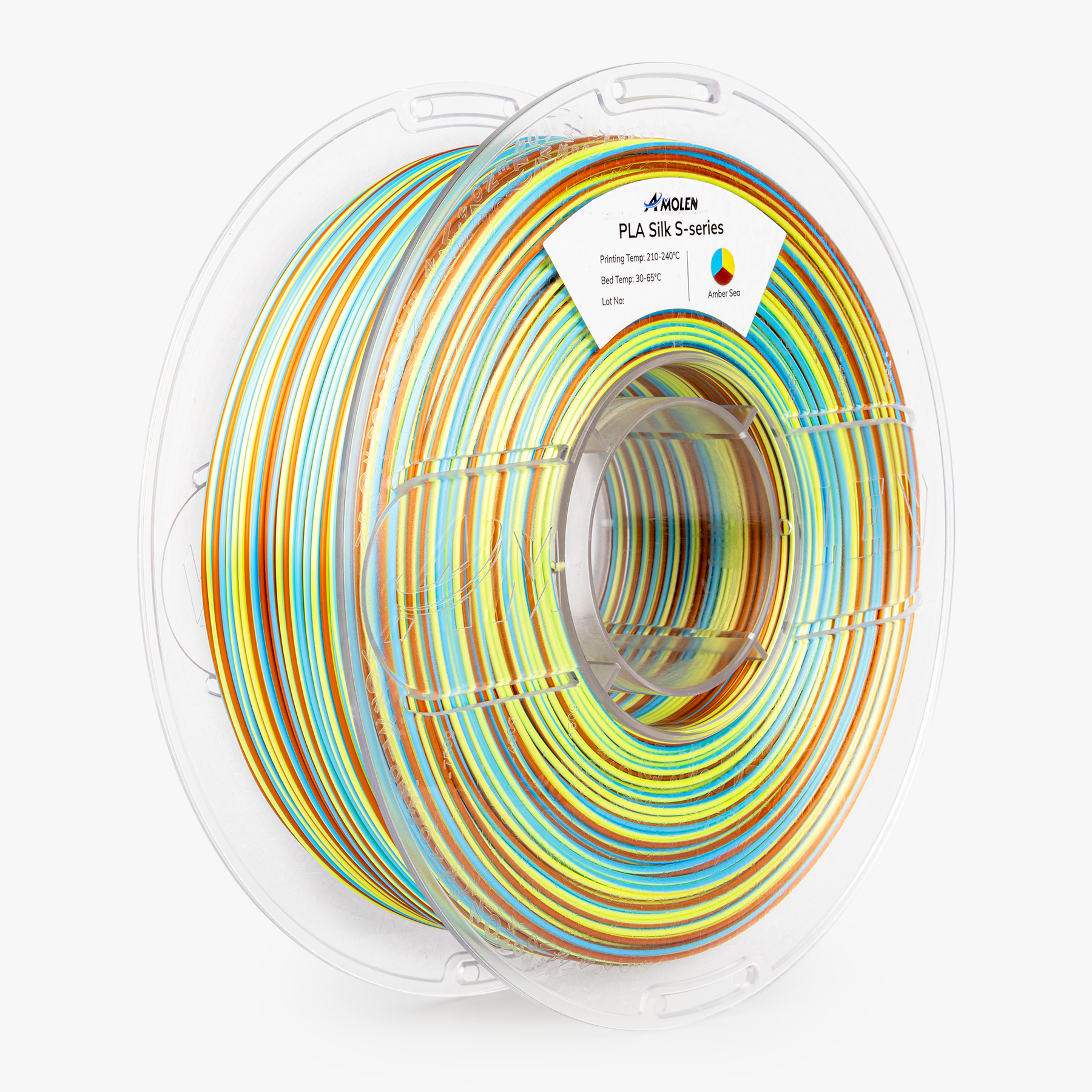 AMOLEN S-Series Silk PLA detail view showing spiral multicolor transition bands and metallic surface quality