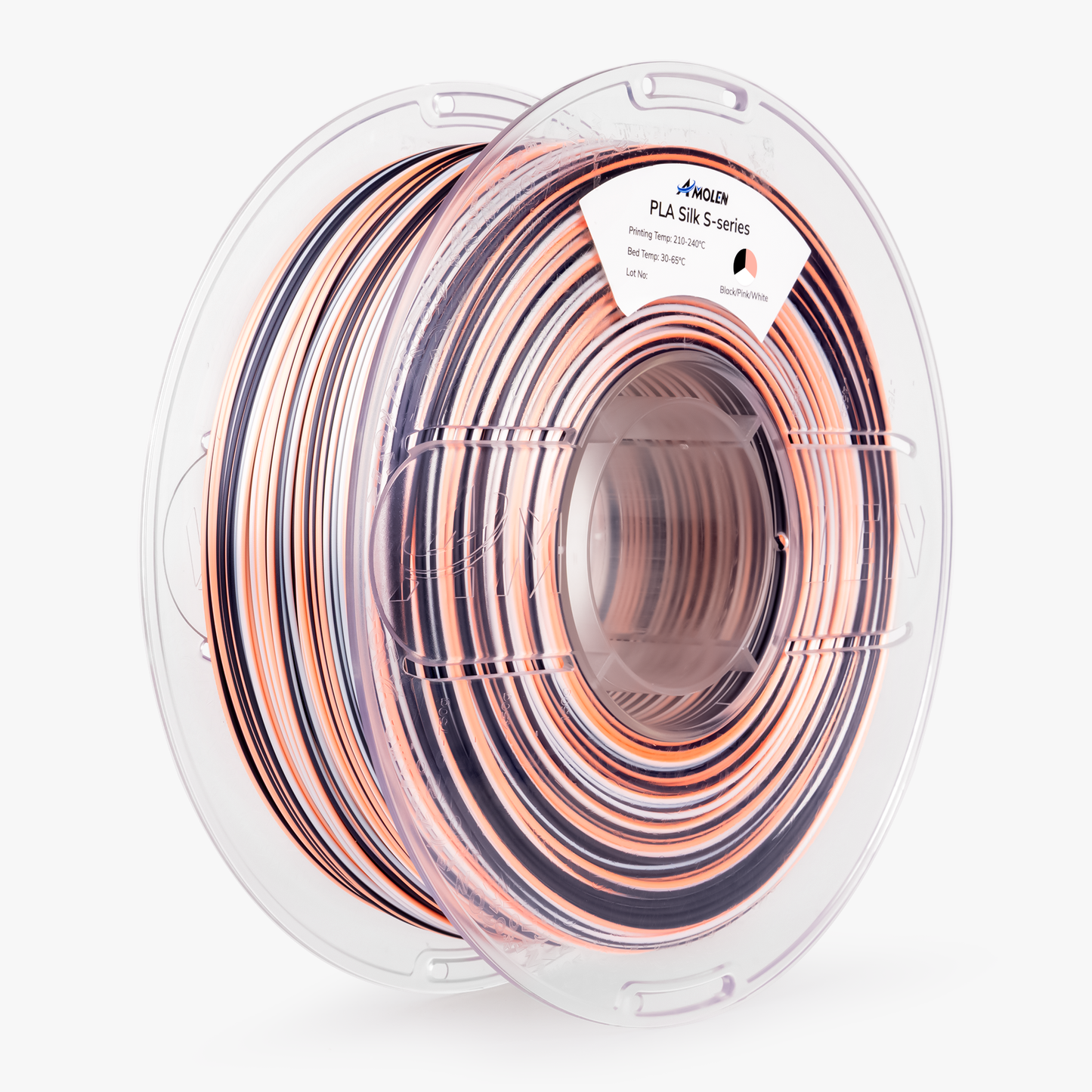 AMOLEN S-Series Silk PLA layer close-up showing spiral color band spacing and silk surface reflection