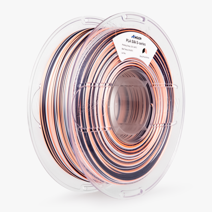 AMOLEN S-Series Silk PLA layer close-up showing spiral color band spacing and silk surface reflection