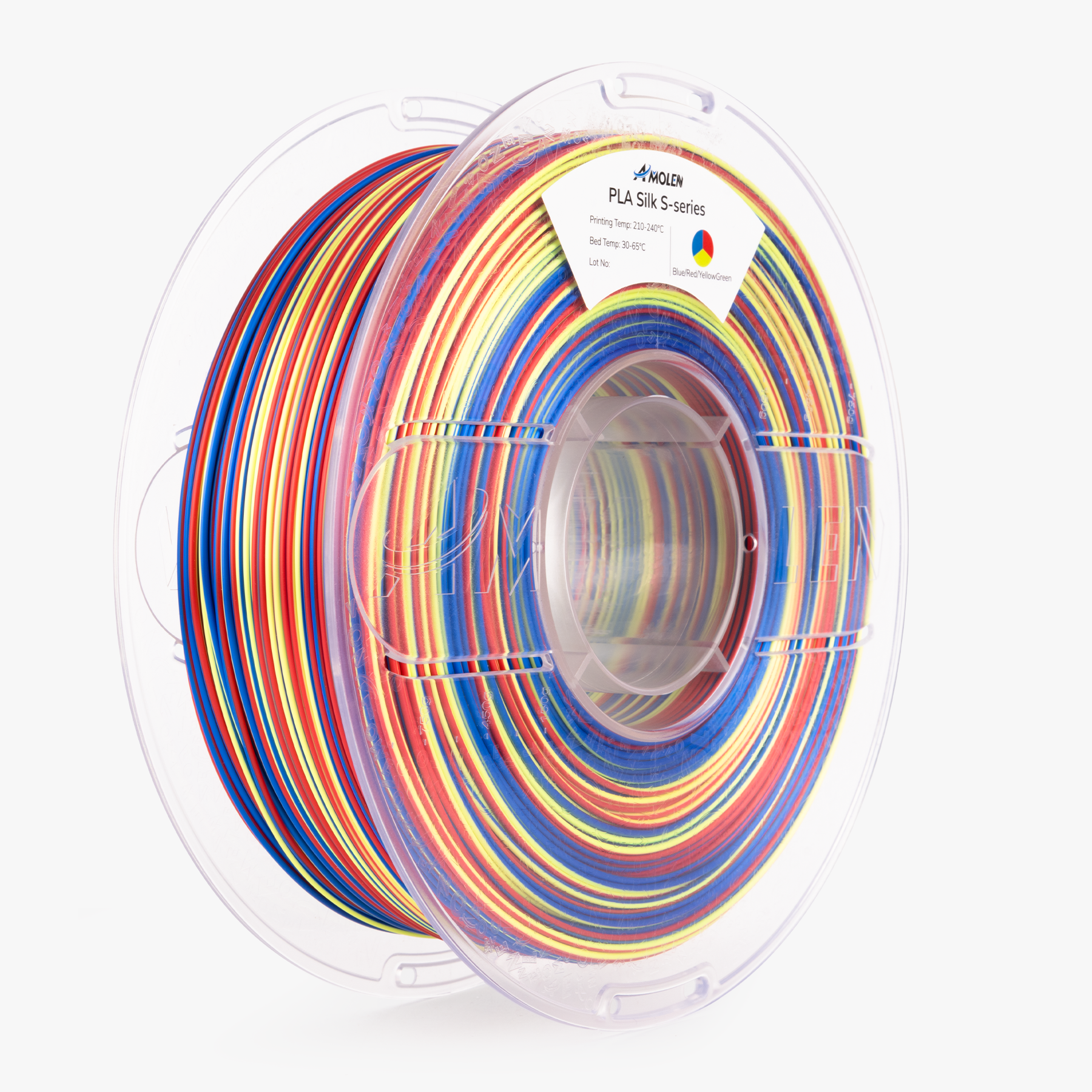 AMOLEN S-Series Silk PLA close-up showing spiral color transition layers and metallic silk surface texture