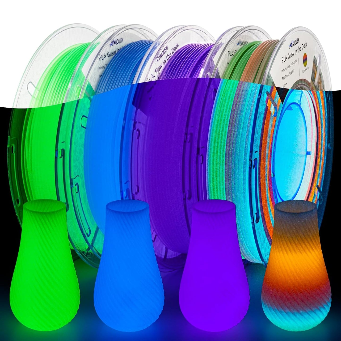 AMOLEN Glow PLA Variety Pack 4×200g — glow-in-dark filament bundle 1.75mm