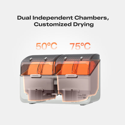 Creality SpacePi X4L interior showing spool holders and heating element layout inside dual-chamber dryer