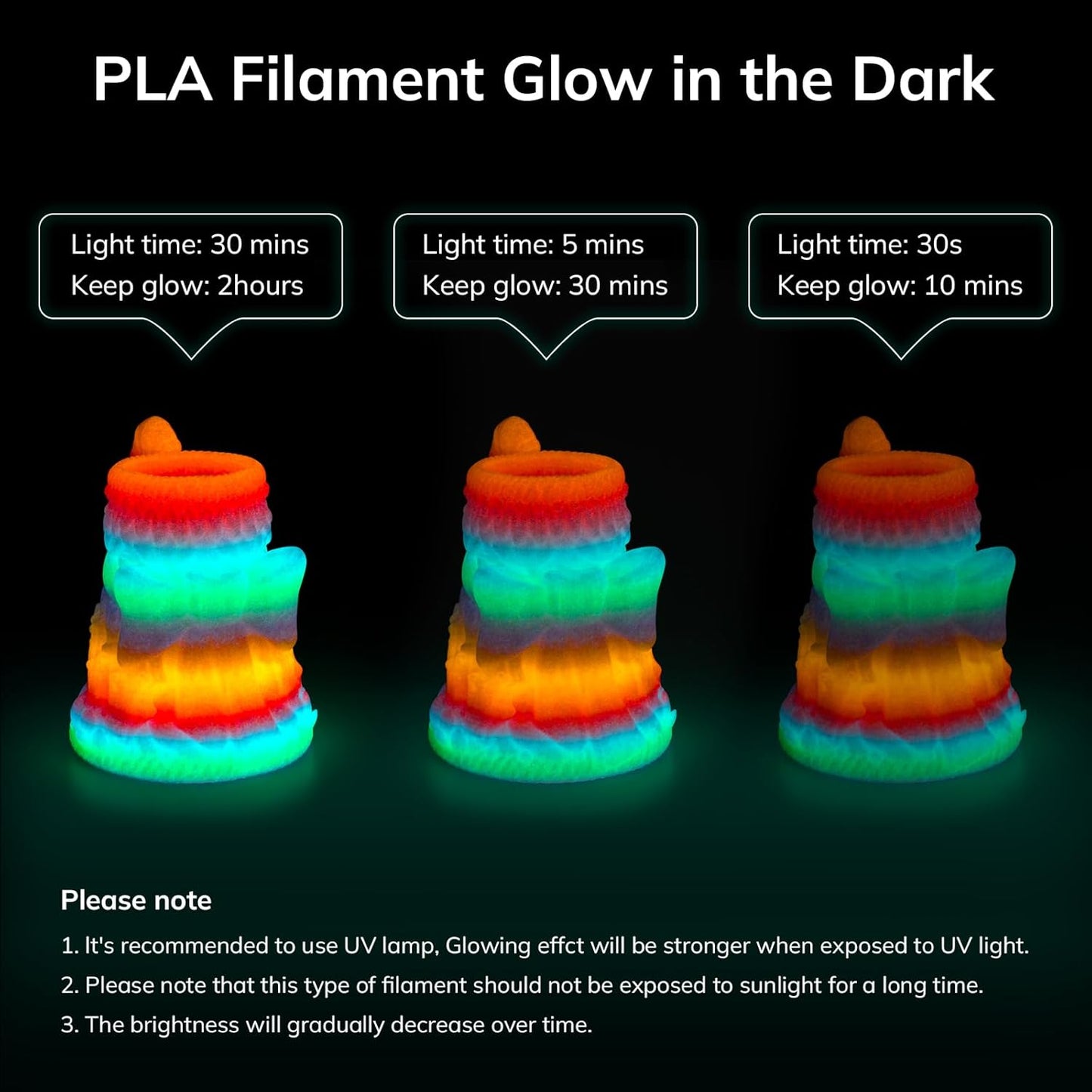 Glow PLA 200g spool print sample — phosphorescent glow effect on surface