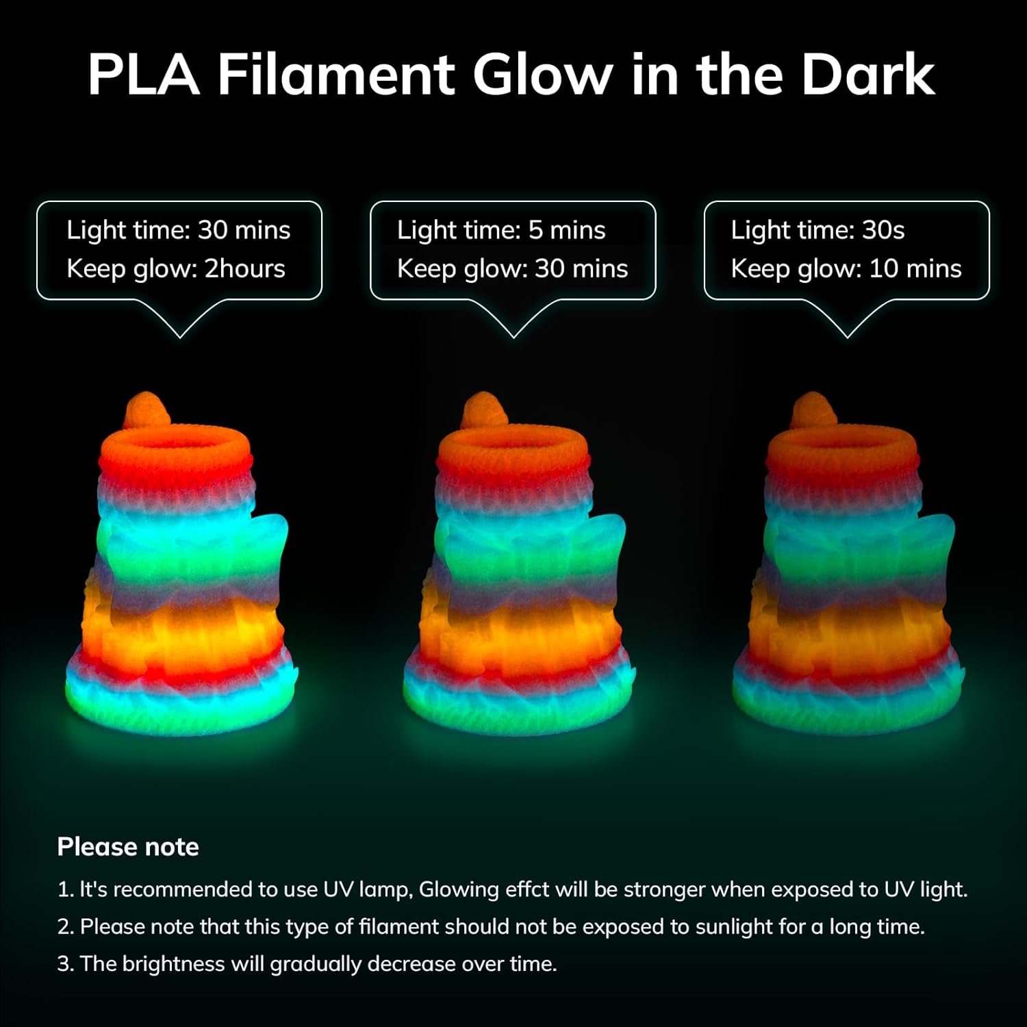Glow PLA 200g spool print sample — phosphorescent glow effect on surface