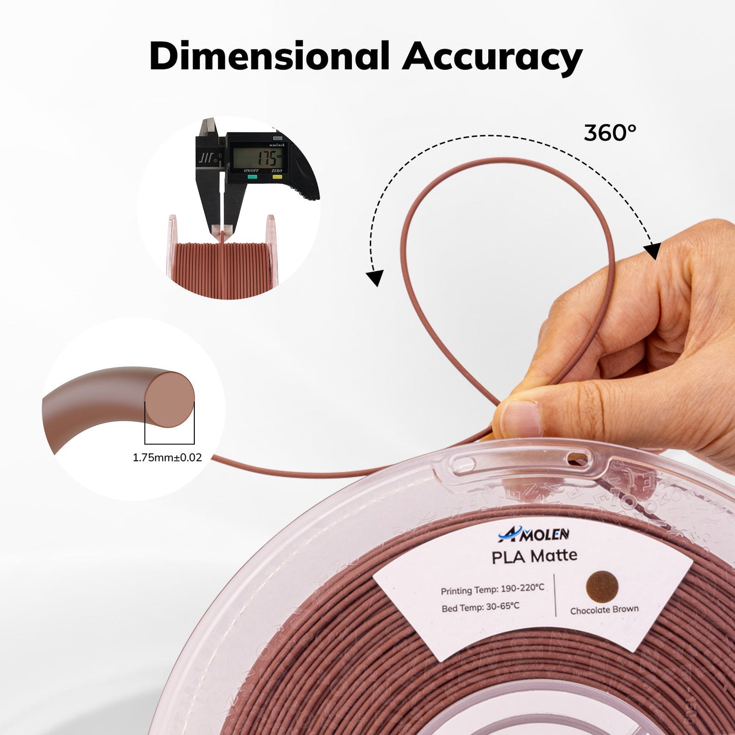 AMOLEN Matte PLA filament — FDM 3D printer compatibility, works with Creality Ender, Bambu Lab, and more