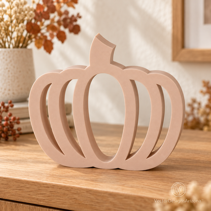 One beige latte-brown minimalist 3D-printed pumpkin with an open-frame design, styled on a warm autumn console.