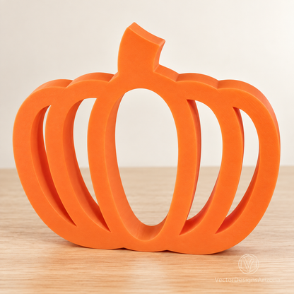 One Mandarin orange minimalist 3D-printed pumpkin with an open-frame design on a clean light wood studio surface.