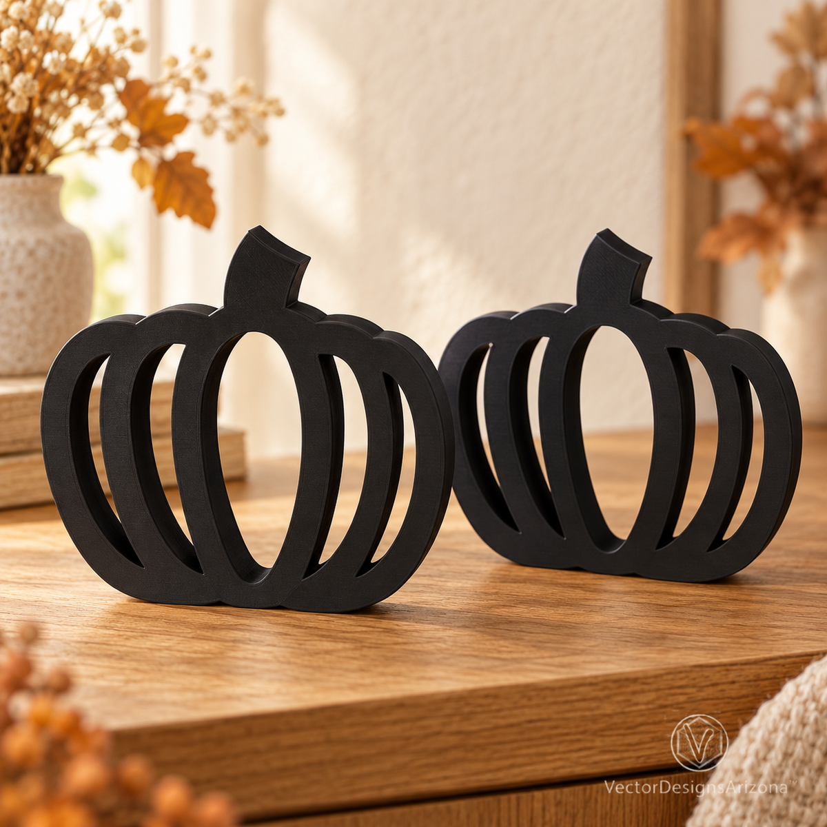 Two matte black minimalist 3D-printed pumpkins with open-frame designs, styled on a wood console with warm fall decor.