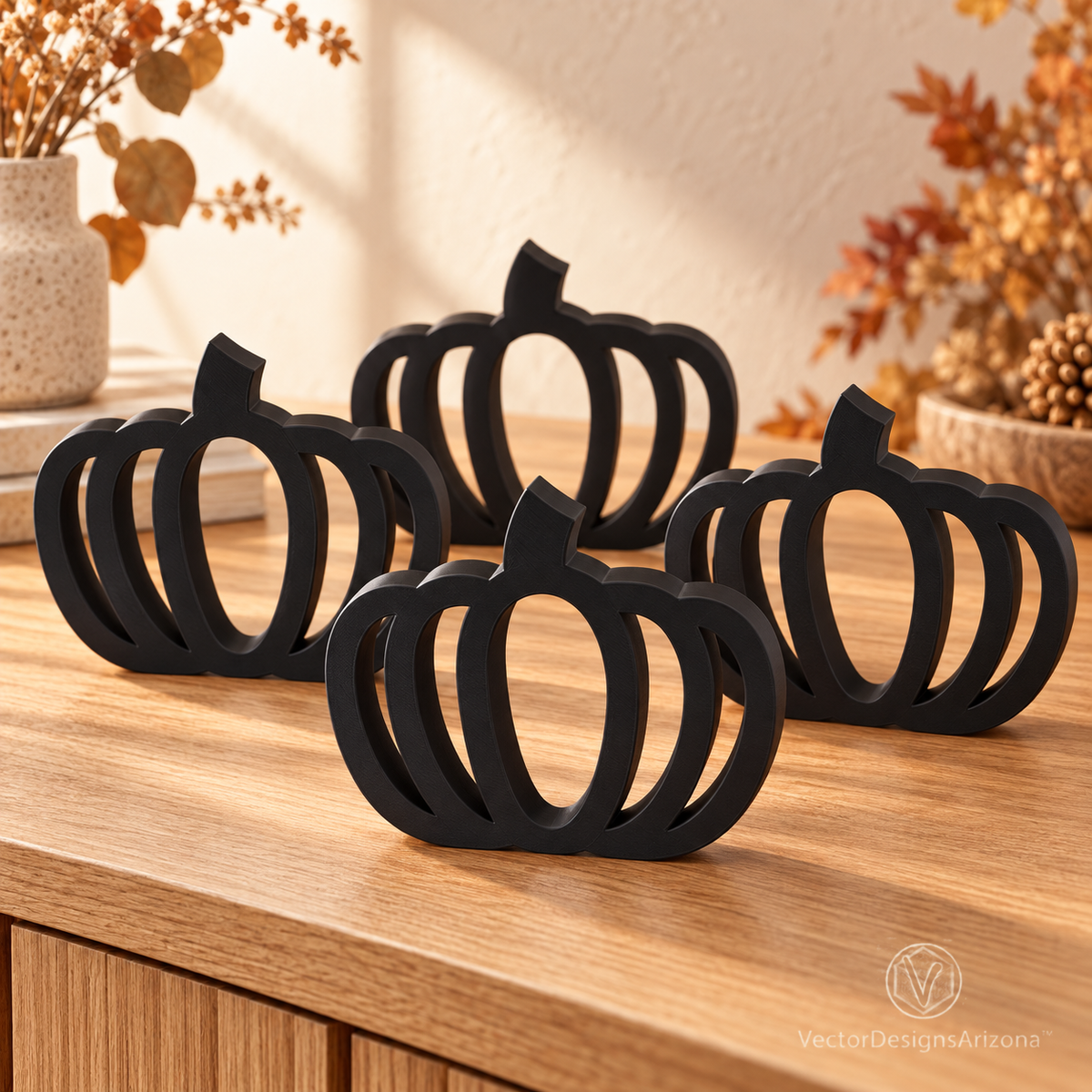 Four matte black minimalist 3D-printed pumpkins with open-frame designs, styled on a wood console with warm fall decor.