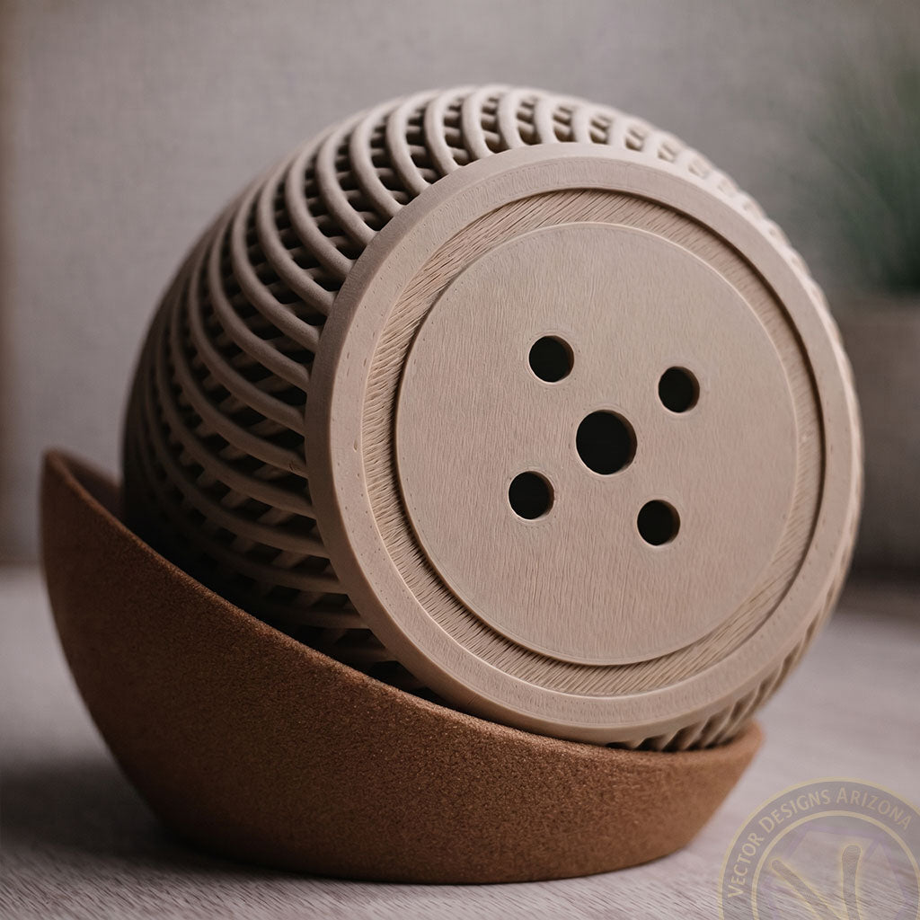 Bottom view of a 3D printed planter showing drainage holes, textured base, and woven-style outer design.