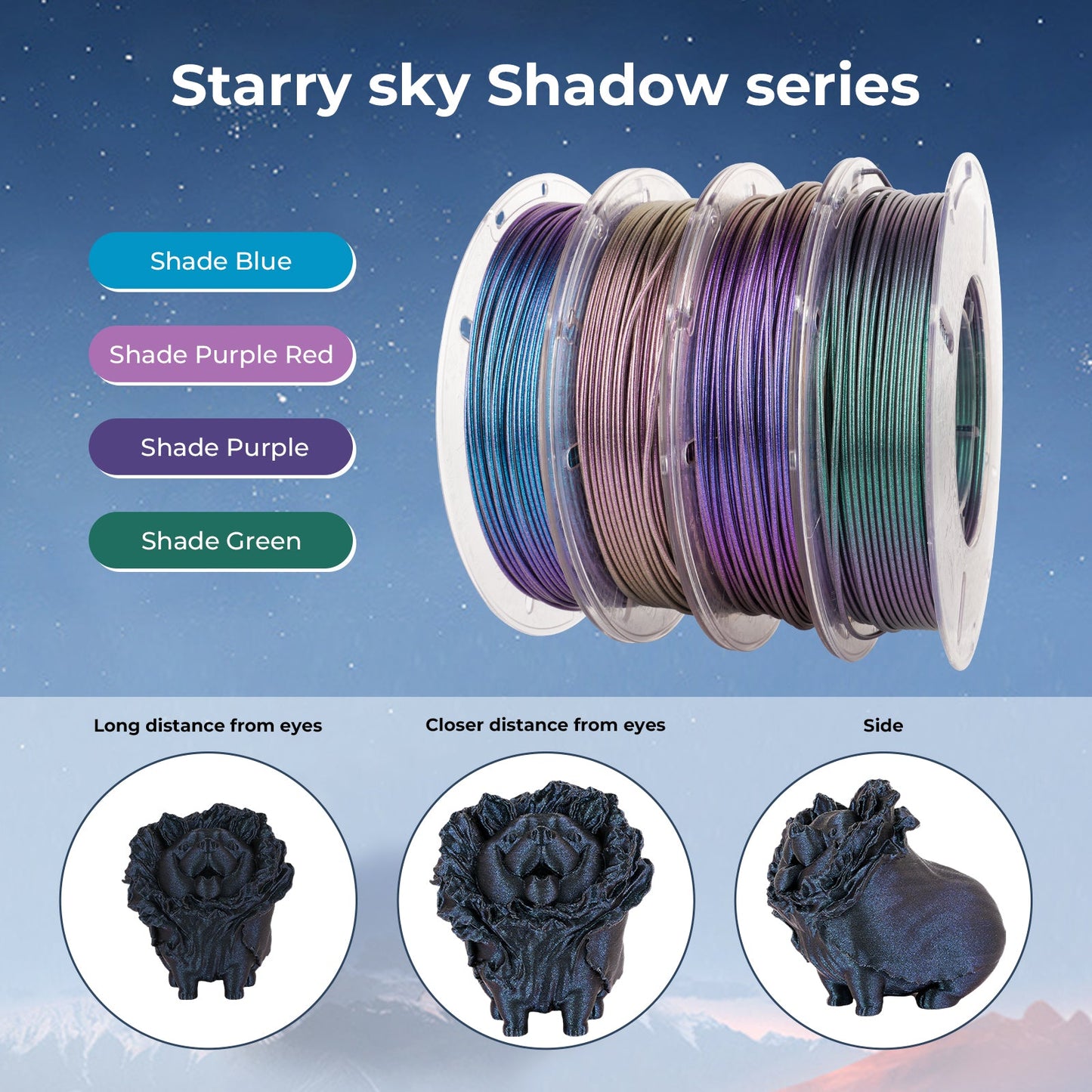 AMOLEN Galaxy Sparkle PLA Variety Pack 4x200g print specification infographic — 190-230°C, up to 250mm/s