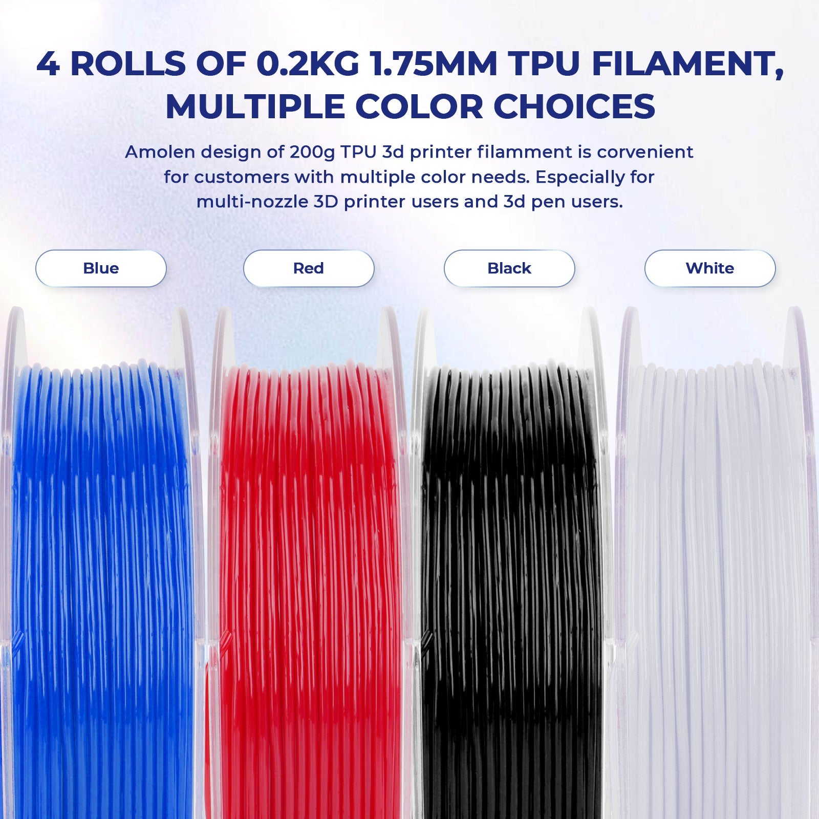 Amolen Flexible TPU Variety Pack — all four color spools arranged side by side