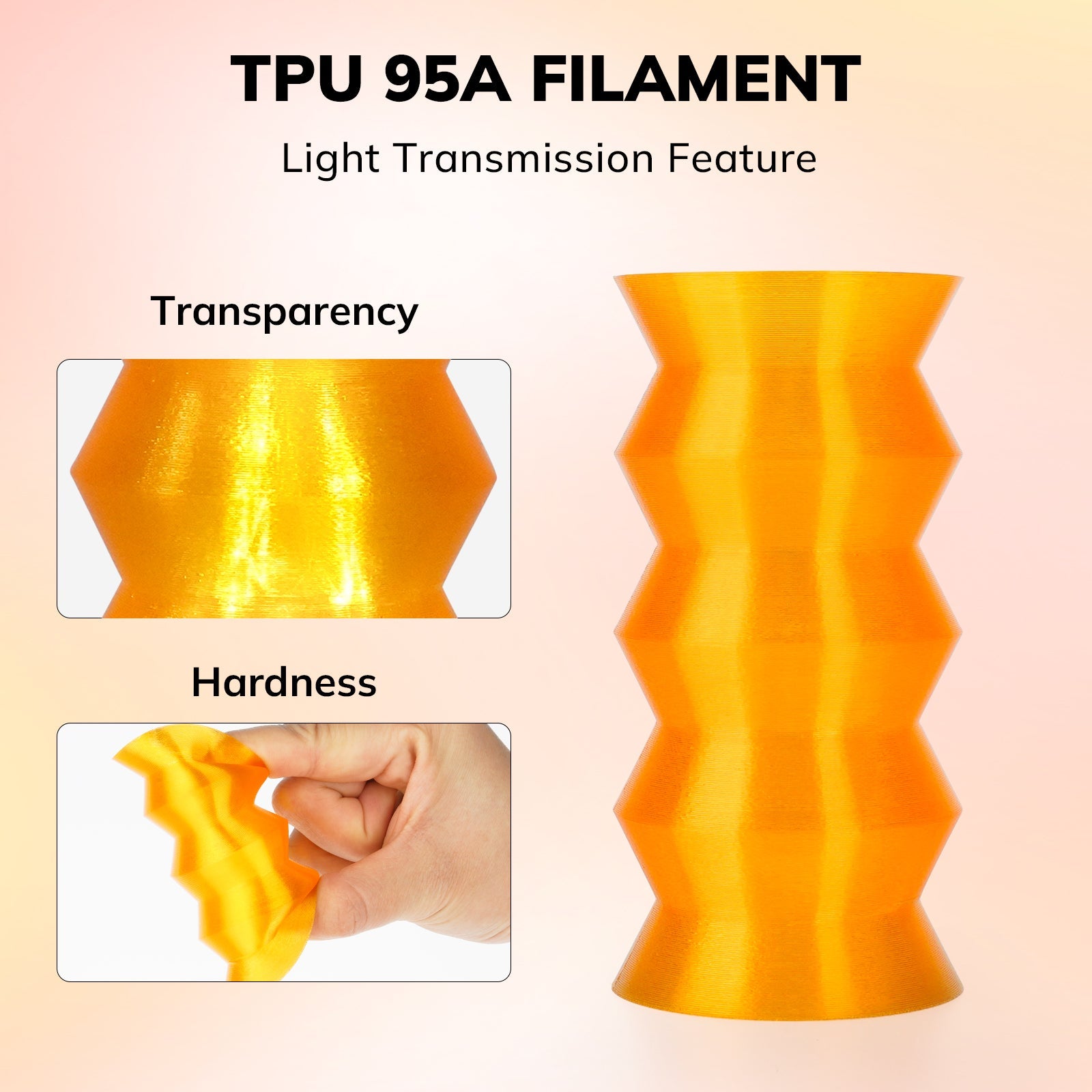 AMOLEN Transparent TPU filament technical specification infographic — 95A shore and print settings
