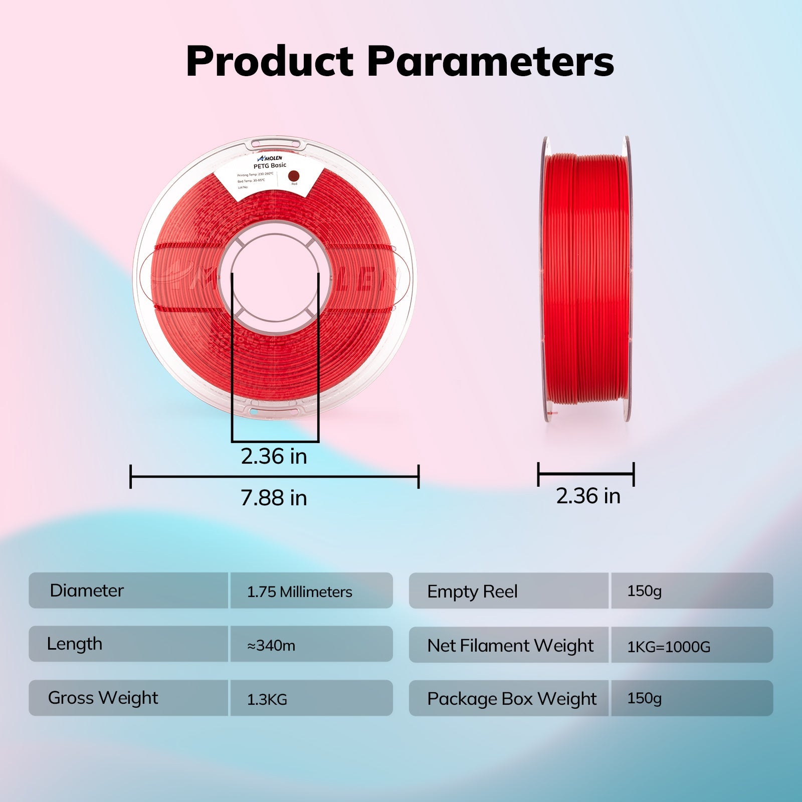 AMOLEN PETG Basic print settings infographic — temperatures, speed, retraction, and material specs