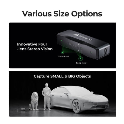Creality CR-Scan Otter Lite scanning black or metallic surface without spray showing multi-surface scanning capability