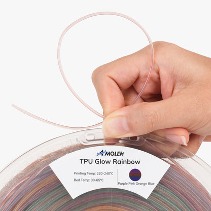 AMOLEN Glow TPU flexible filament 1.75mm technical specification infographic showing print settings
