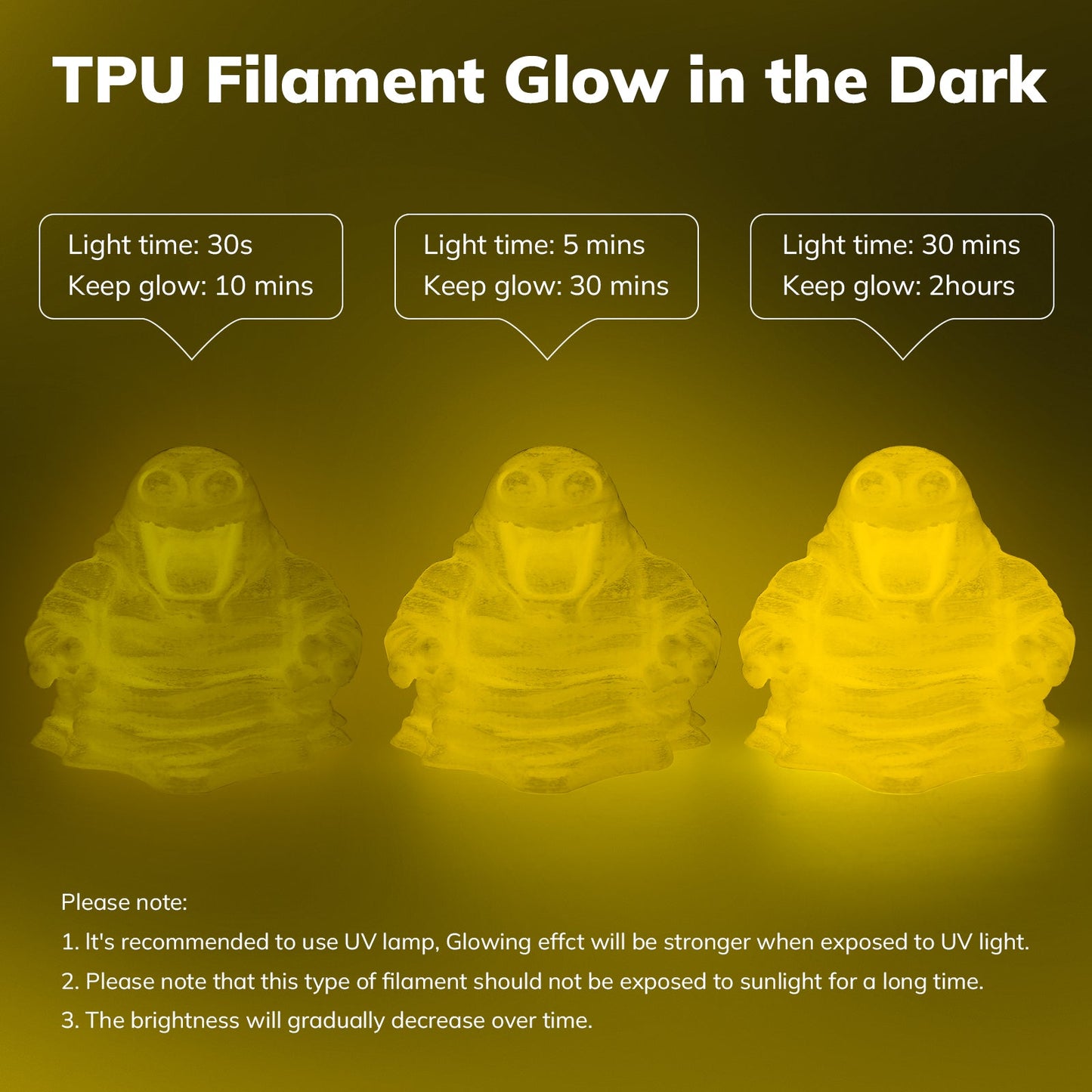 AMOLEN Glow TPU filament 95A shore hardness and elasticity specification reference image