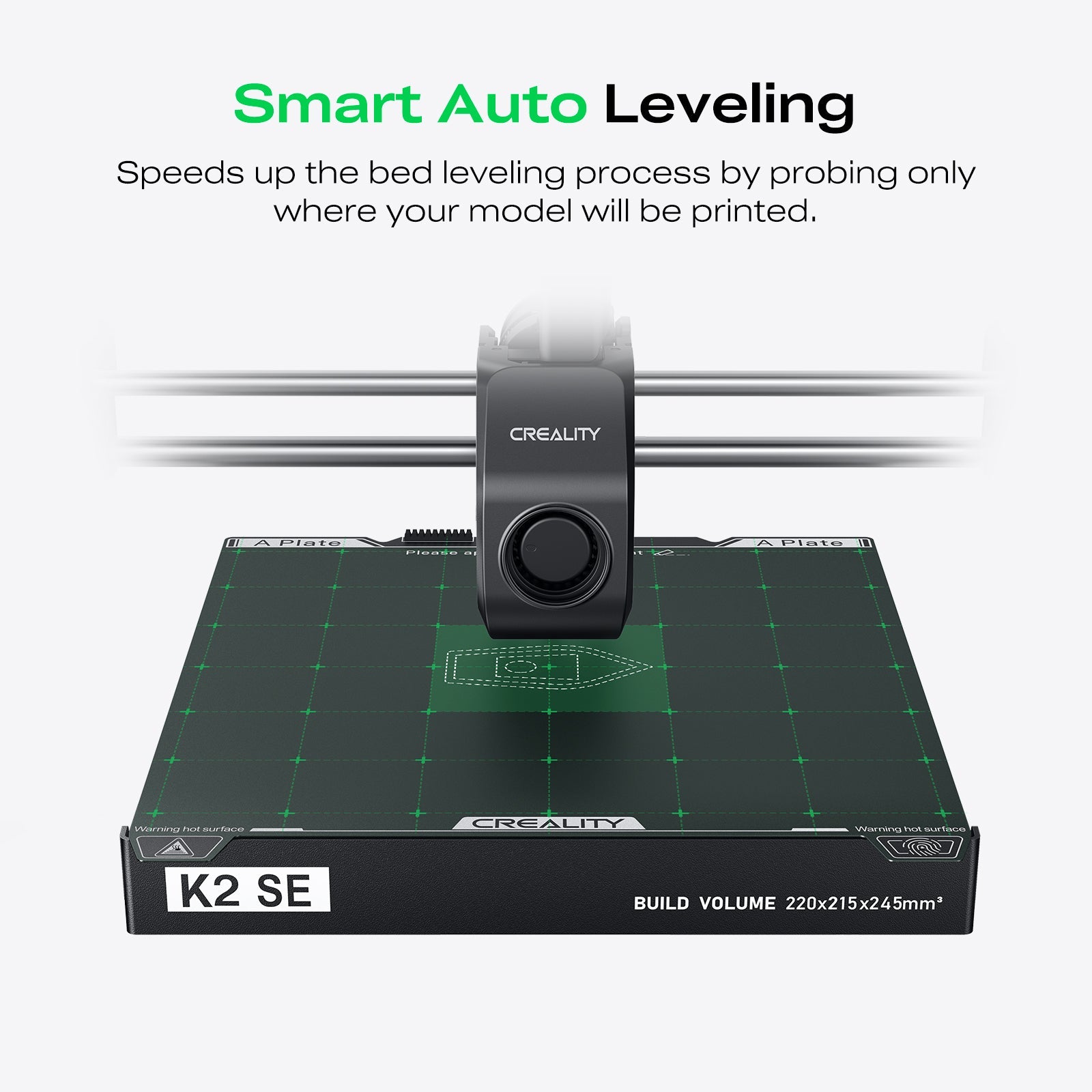 Creality K2 SE specifications infographic – 500mm/s speed 20000mm/s2 acceleration 16 colors smart auto-leveling