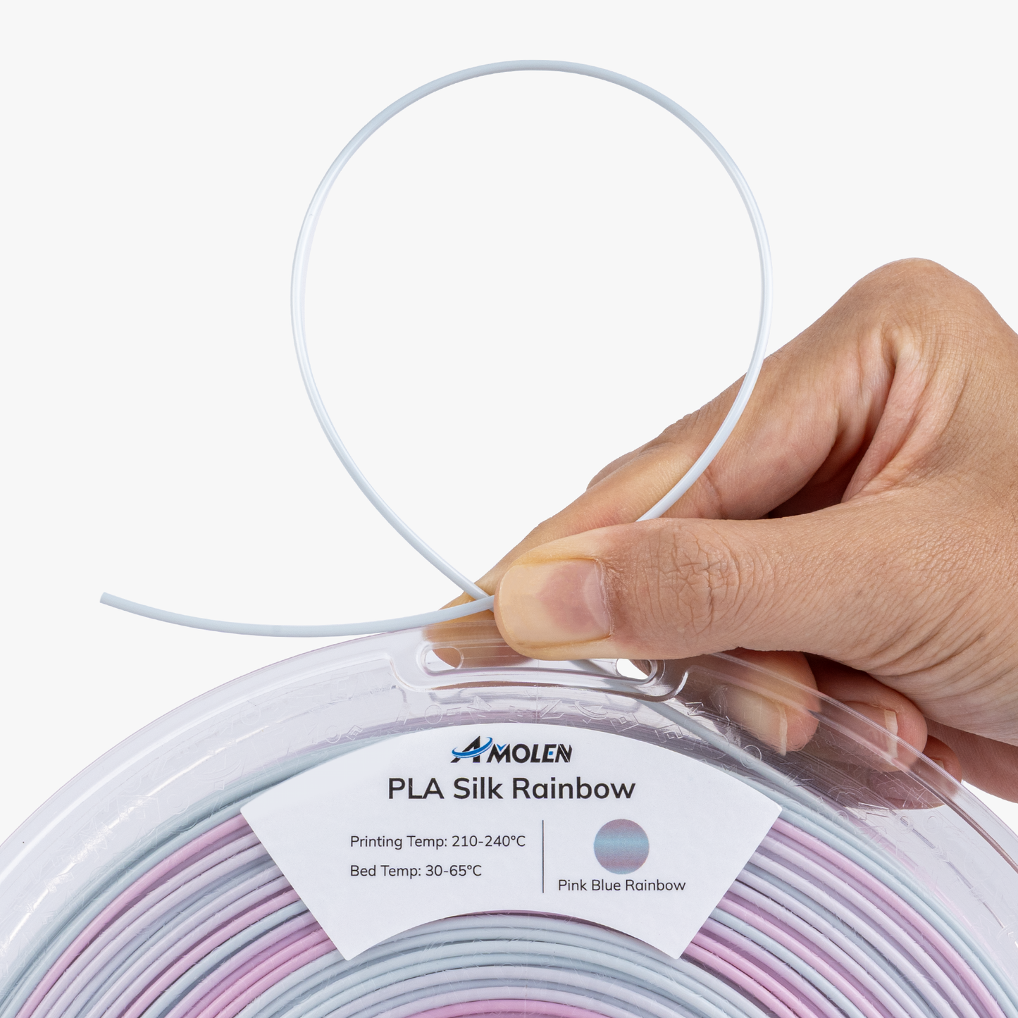 Silk Rainbow PLA filament packaging shot — AMOLEN 1KG spool with product spec label
