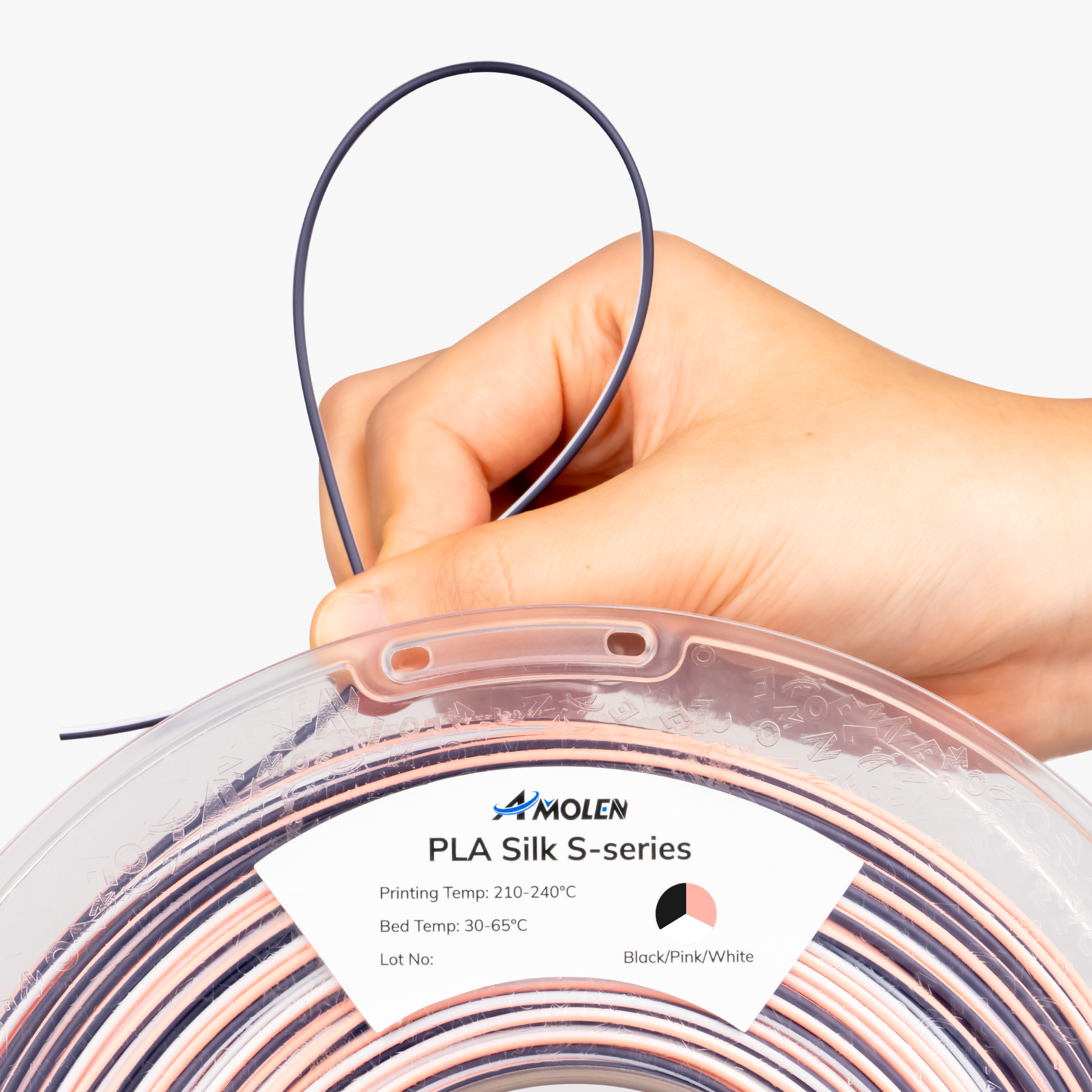 AMOLEN S-Series Silk PLA lifestyle or use-case image showing spiral multicolor print in display context
