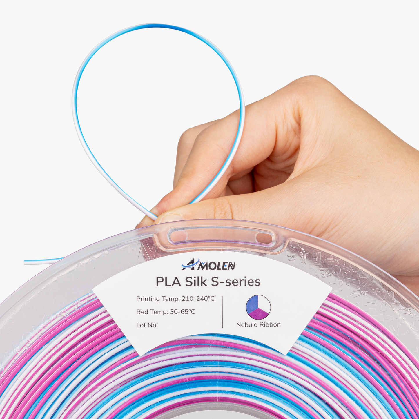 AMOLEN S-Series Silk PLA vacuum-sealed packaging and lifestyle shot showing moisture protection and spool detail
