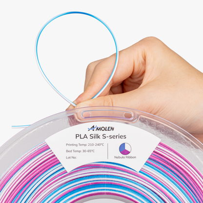 AMOLEN S-Series Silk PLA vacuum-sealed packaging and lifestyle shot showing moisture protection and spool detail