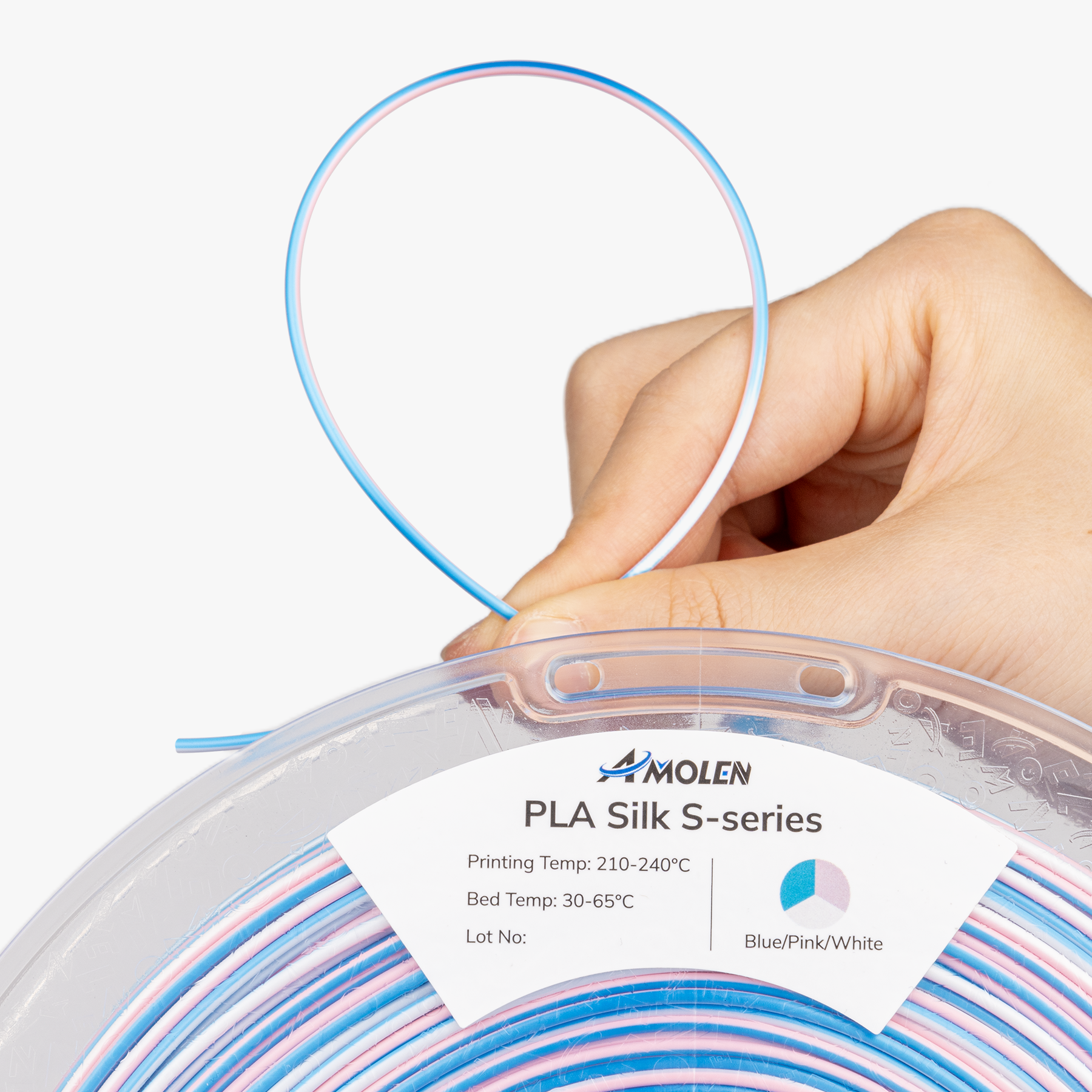AMOLEN S-Series Silk PLA lifestyle packaging image showing spool storage and vacuum-sealed bag detail