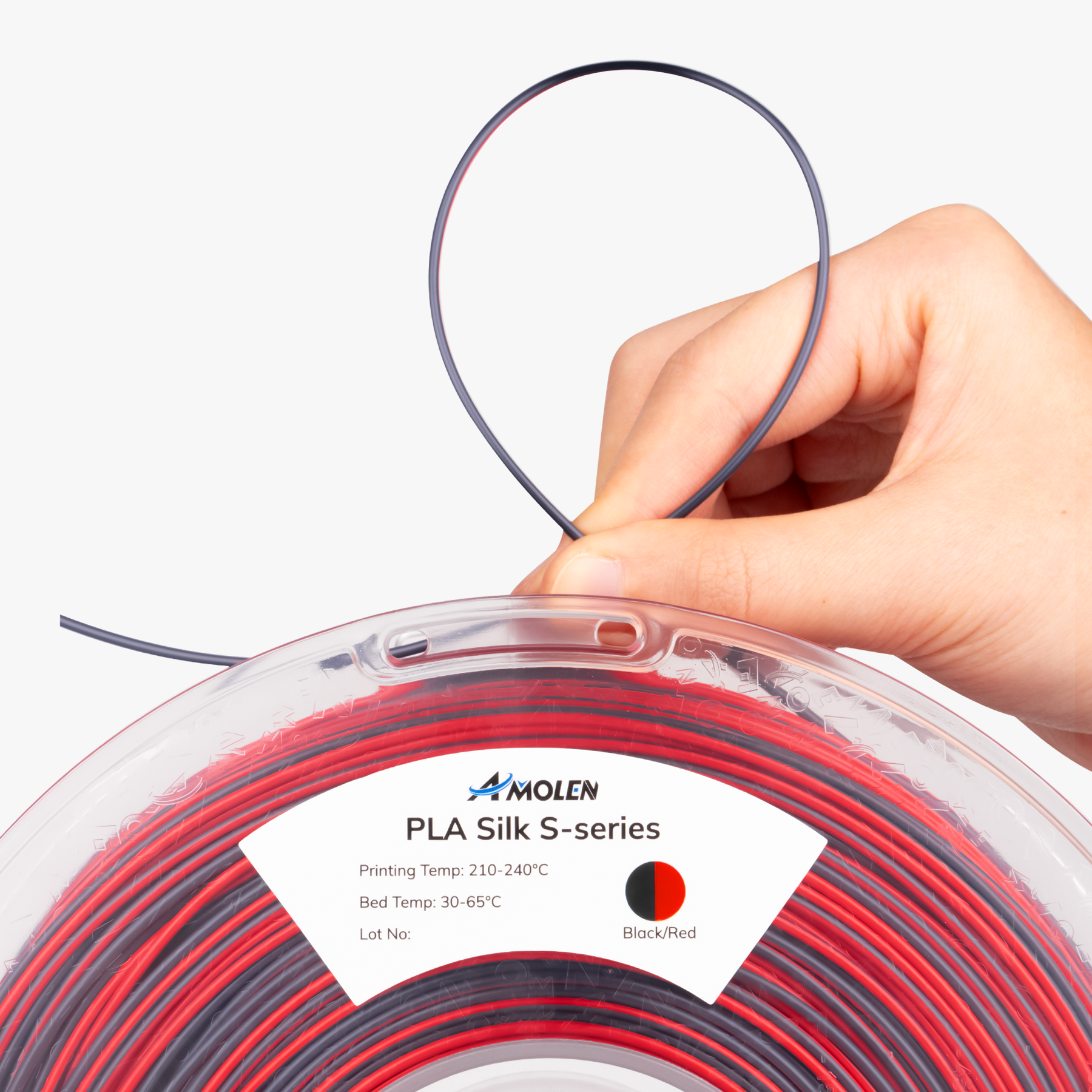 AMOLEN S-Series Silk PLA lifestyle image showing completed 3D print with spiral multicolor silk finish