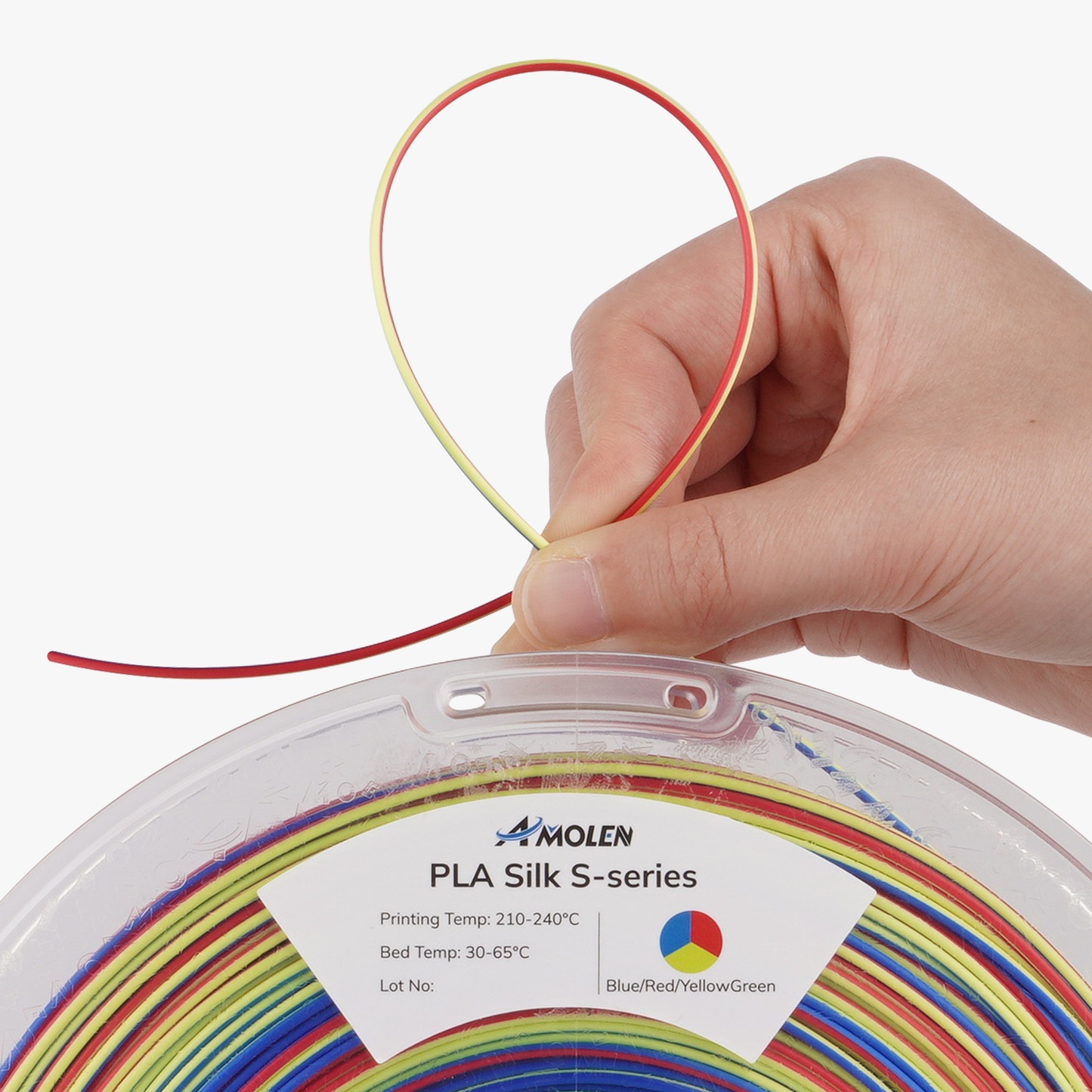 AMOLEN S-Series Silk PLA lifestyle shot showing printed model with spiral multicolor color shift effect