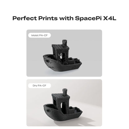 Creality SpacePi X4L compatible filament types infographic – PLA PETG ABS TPU Nylon PA and hygroscopic materials