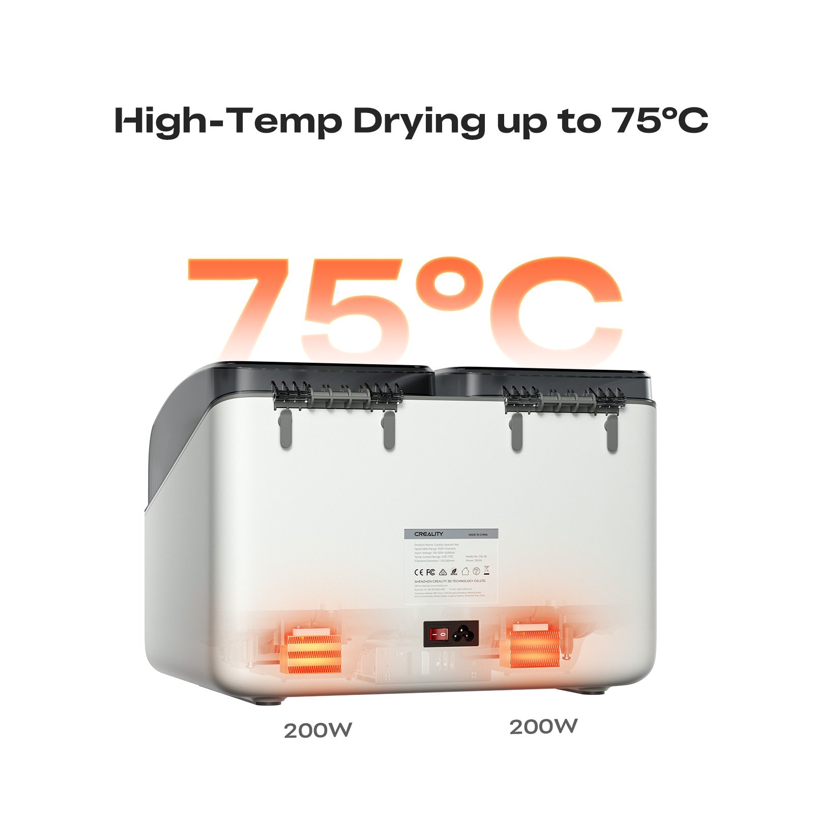 Creality SpacePi X4L temperature setting detail showing up to 75 degrees heating for moisture-sensitive engineering filaments