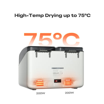 Creality SpacePi X4L temperature setting detail showing up to 75 degrees heating for moisture-sensitive engineering filaments