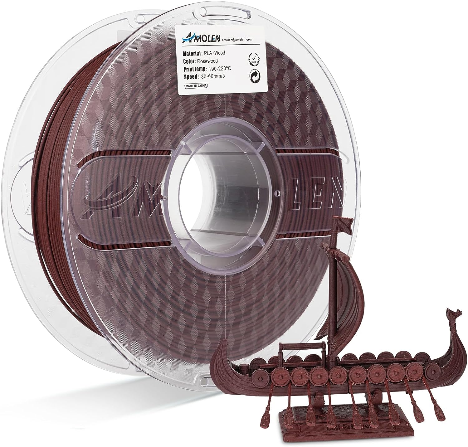 AMOLEN Wood Fill PLA 1.75mm filament showing full range of 10 wood species from Walnut to Bamboo