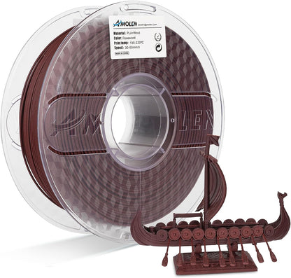 AMOLEN Wood Fill PLA 1.75mm filament showing full range of 10 wood species from Walnut to Bamboo