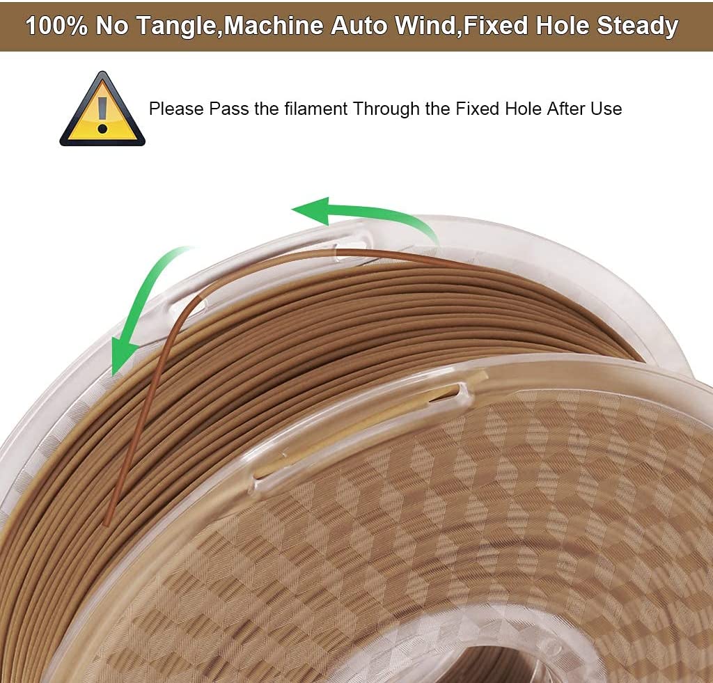 AMOLEN Wood Fill PLA 3D printer filament showing print temperature and technical specifications