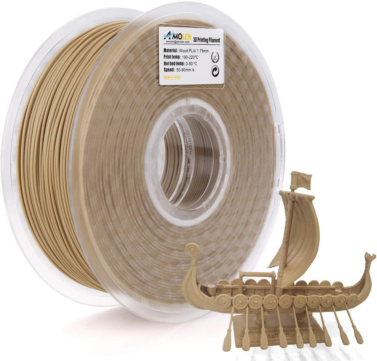 AMOLEN Wood PLA filament 1.75mm printed part detail showing sand-ready matte wood-like surface finish