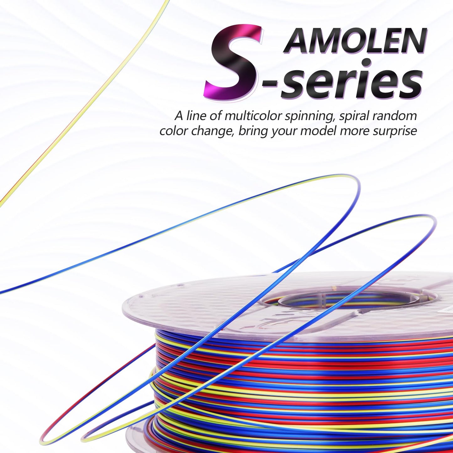 AMOLEN S-Series Silk PLA four-spool variety pack — transparent spools showing filament color