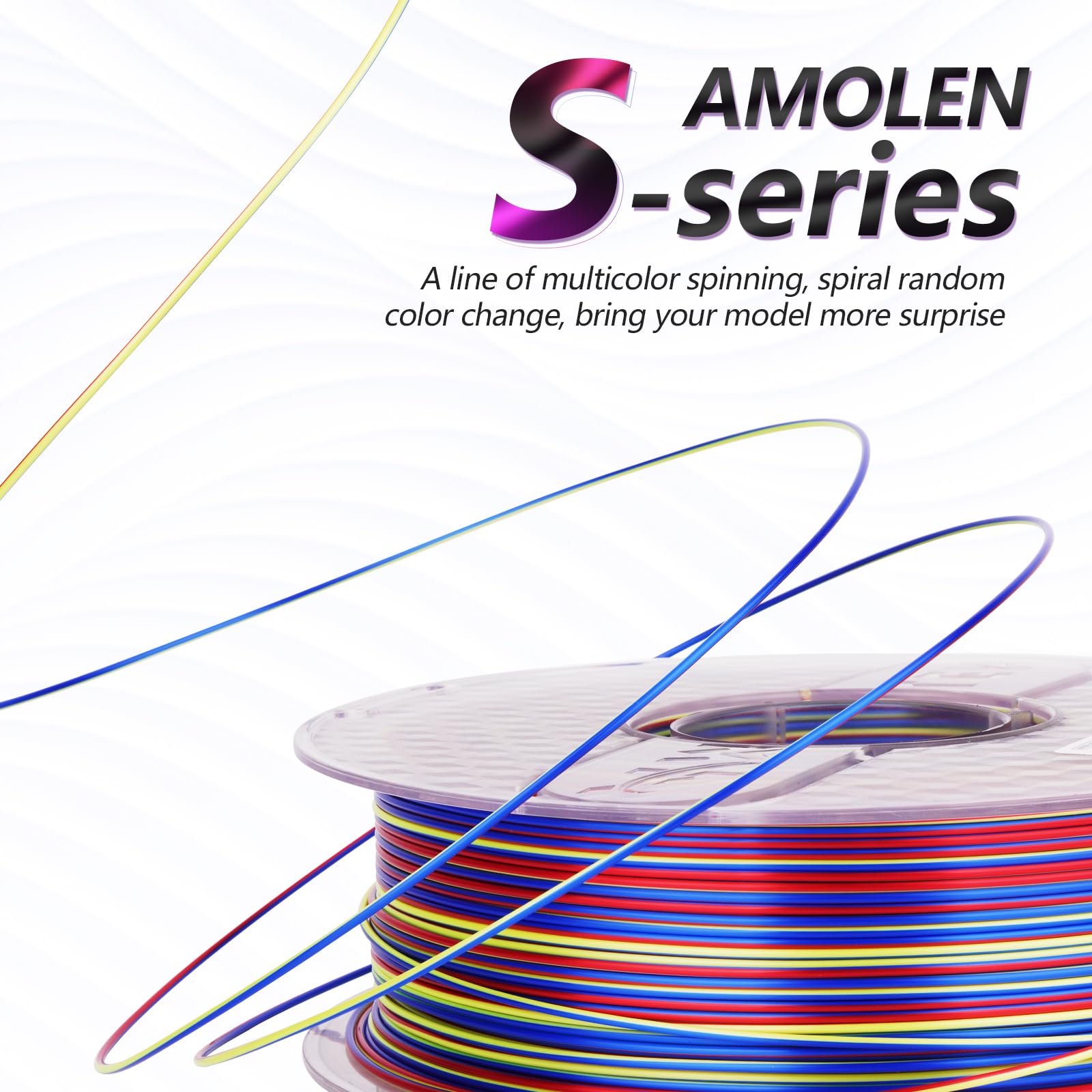 AMOLEN S-Series Silk PLA four-spool variety pack — transparent spools showing filament color