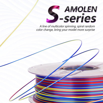 AMOLEN S-Series Silk PLA four-spool variety pack — transparent spools showing filament color