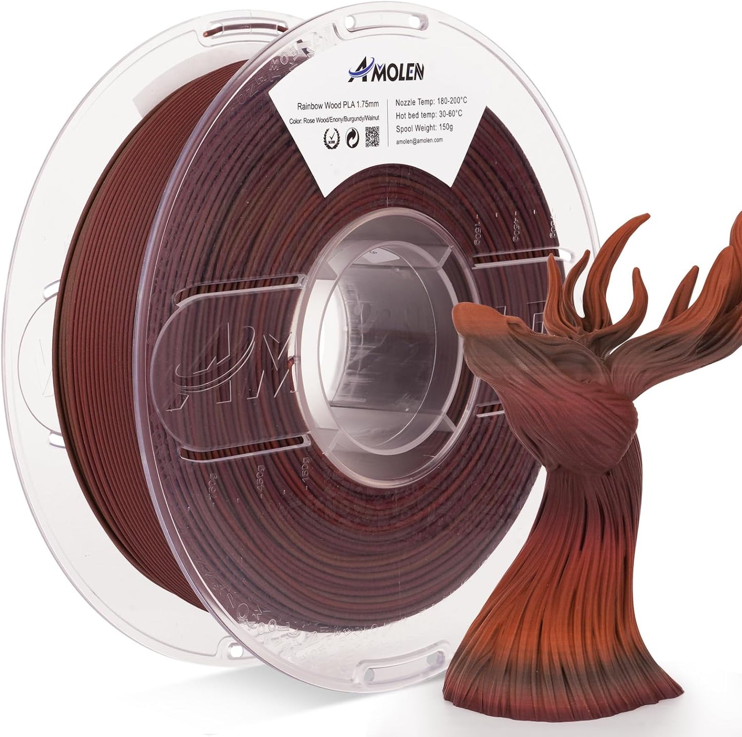 AMOLEN Wood Fill PLA filament 1.75mm 1KG spool product image showing packaging and label detail