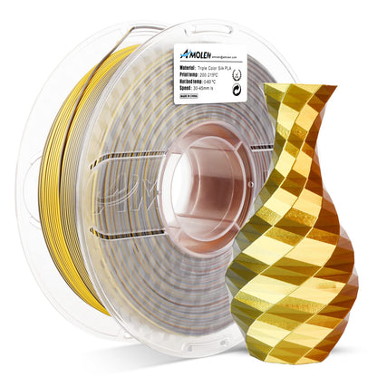 AMOLEN PLA Silk Triple Color filament spools — colorway display showing three-color rotation per spool