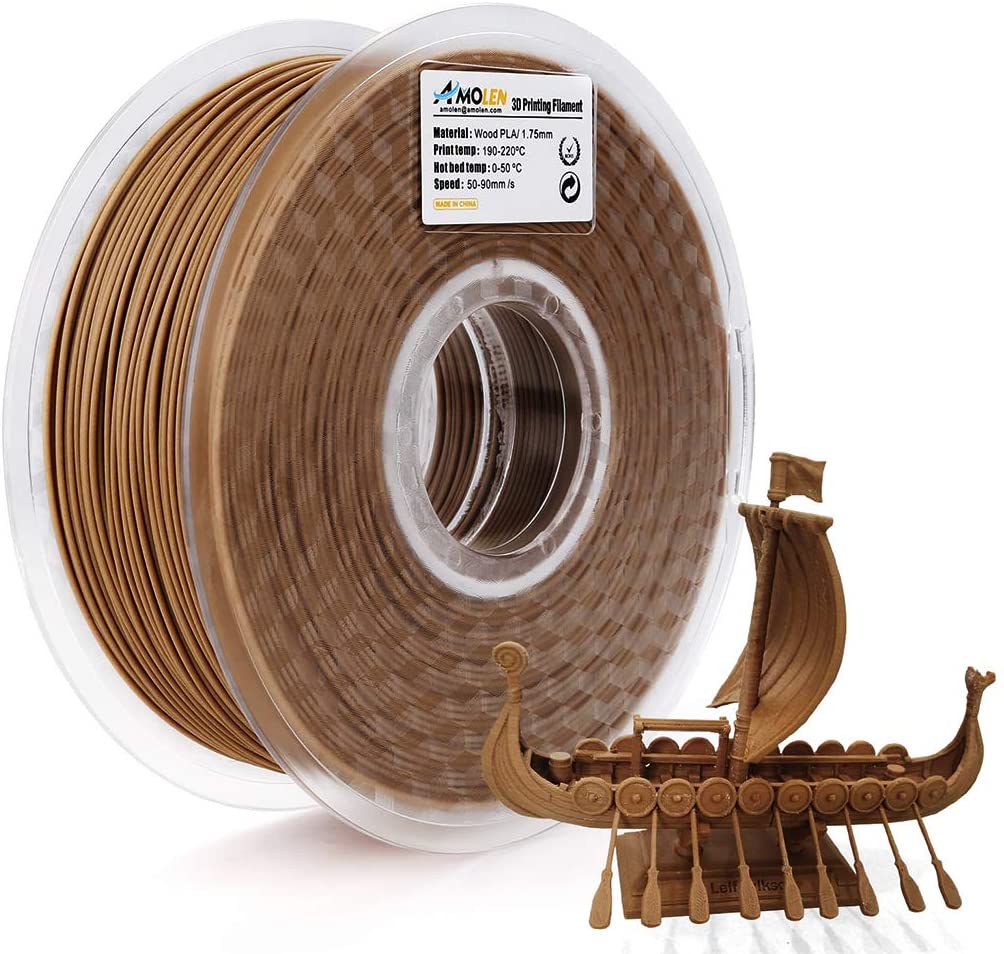 AMOLEN Wood Fill PLA filament 1.75mm wood species comparison showing available colorway range