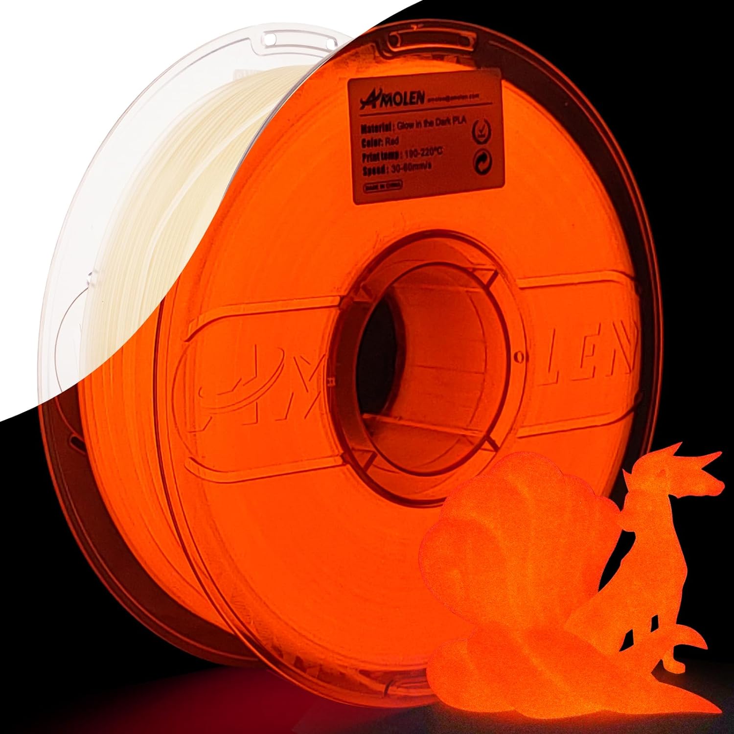 AMOLEN Glow PLA Amazon listing — glow properties infographic [Inferred — confirm image content]