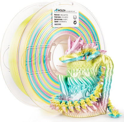 AMOLEN Silk Rainbow PLA filament product overview — silk glossy surface, rainbow gradient on spool