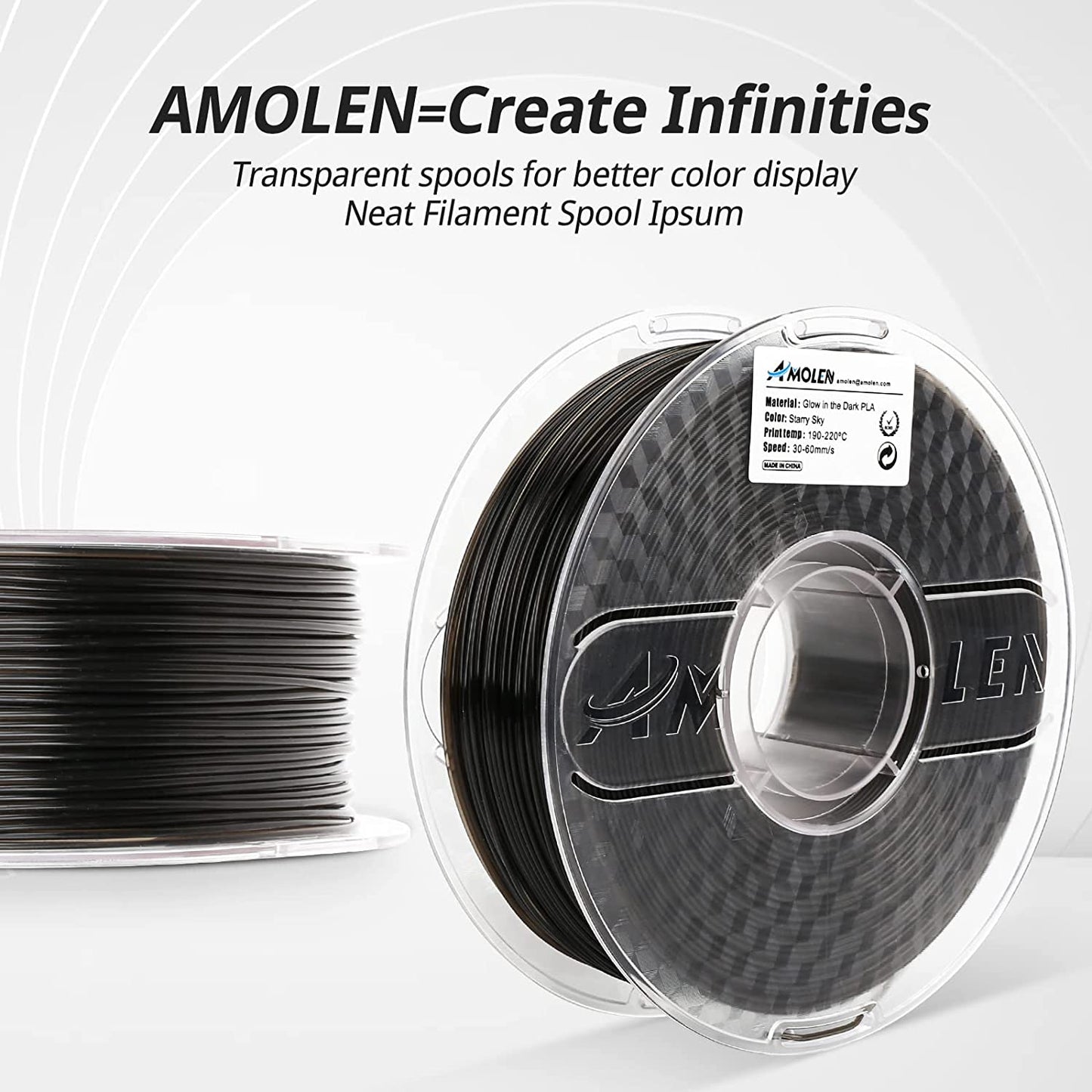 Glow-in-the-dark PLA 4×200g — filament glow properties and packaging detail