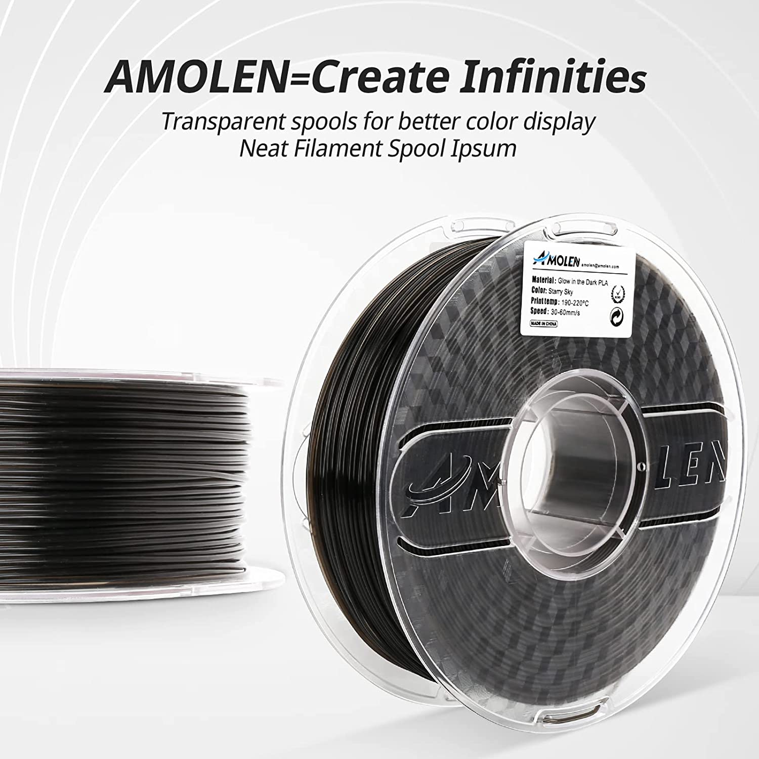 Glow-in-the-dark PLA 4×200g — filament glow properties and packaging detail