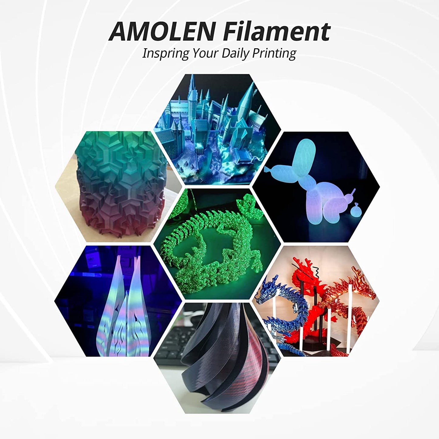AMOLEN Glow PLA 4×200g variety pack — full product features listing display