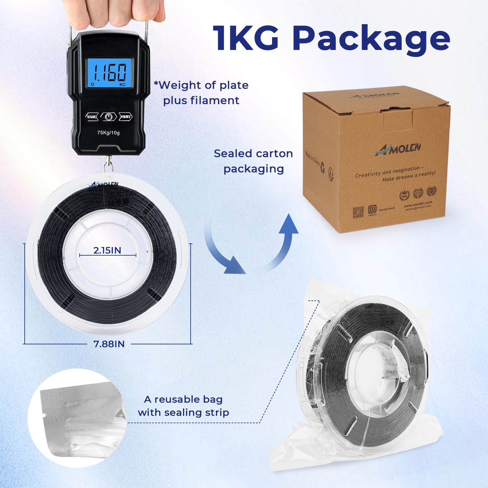 Amolen Flexible TPU filament spool with transparent reel and vacuum-sealed bag